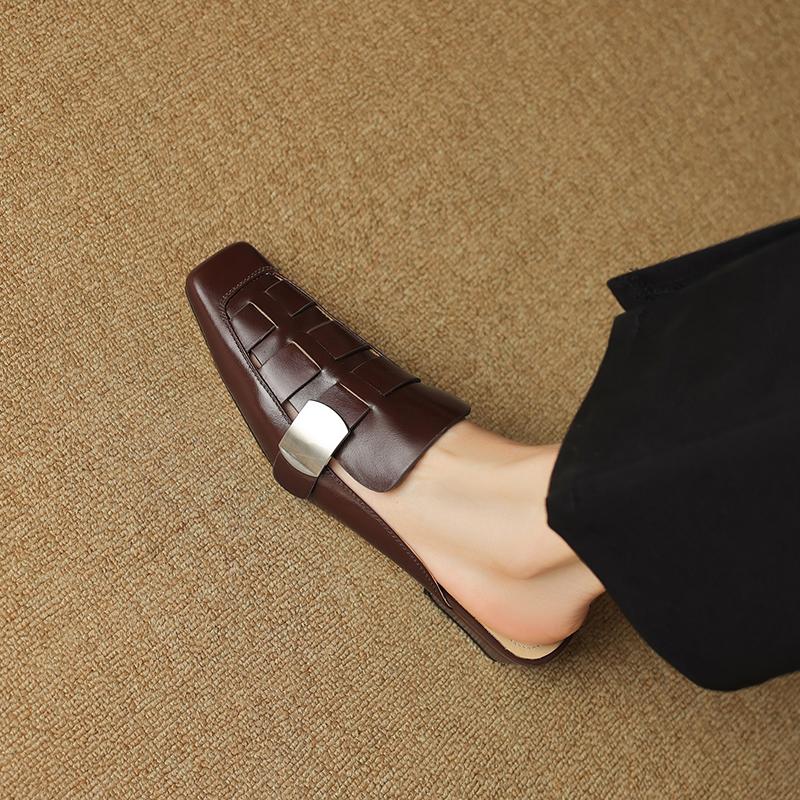 Fashion Women Shoes Mules Sandals Real Leather Soft Comfort Low-heel Summer Shoes Casual Square Toe Vintage Office Daily Slippers Women