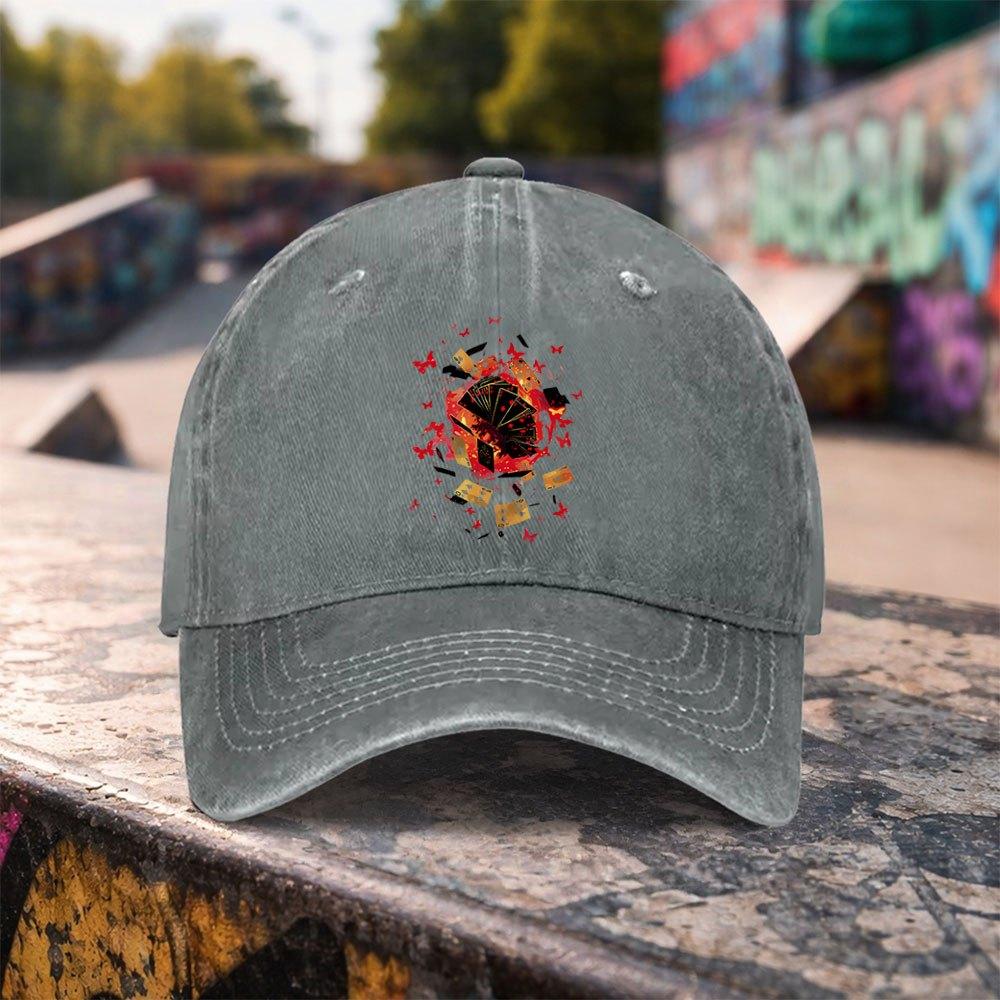 pc Casual Fashion Flame Poker Butterfly Print Washed Baseball Cap Premium Versatile Outdoor Accessory Unisex Duckbill Hat Suita