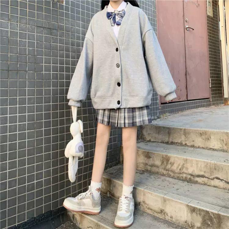 Japanese Fashion College Loose V-neck Cardigan New Sweater Female Outer Wear Sweater Coat Japanese School Uniform
