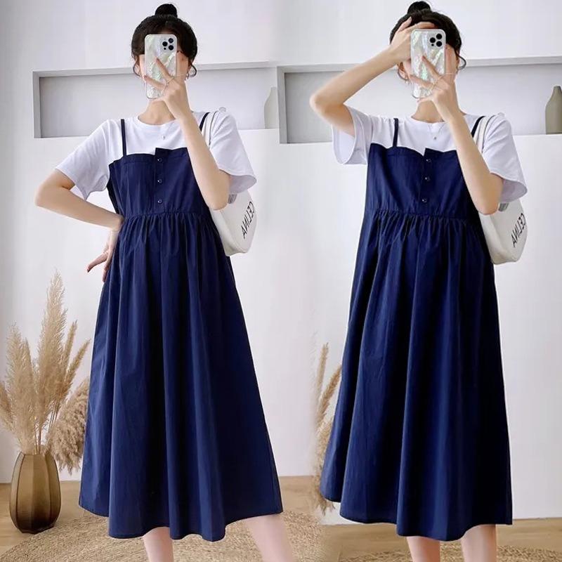 Maternity Clothing New Summer Clothing Large Size Thin Medium and Long Skirt Pregnant Mother Splicing Fake Two Pieces Loose Belly Cover Dress