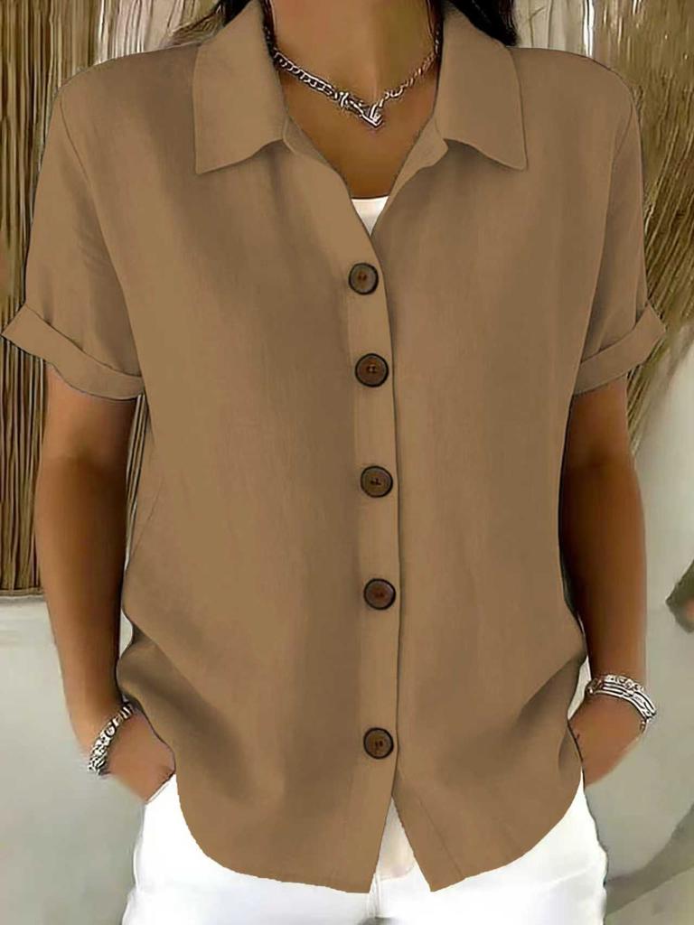 Casual Comfortable Cotton Linen Short Sleeve Button Shirt For Women
