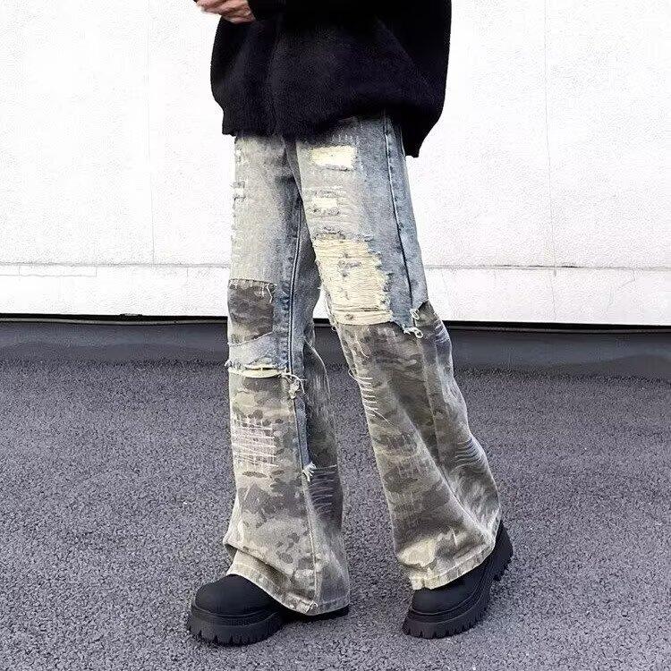 JYL Men's Straight Jeans American Vintage Ripped Casual Vintage Loose Denim Pants