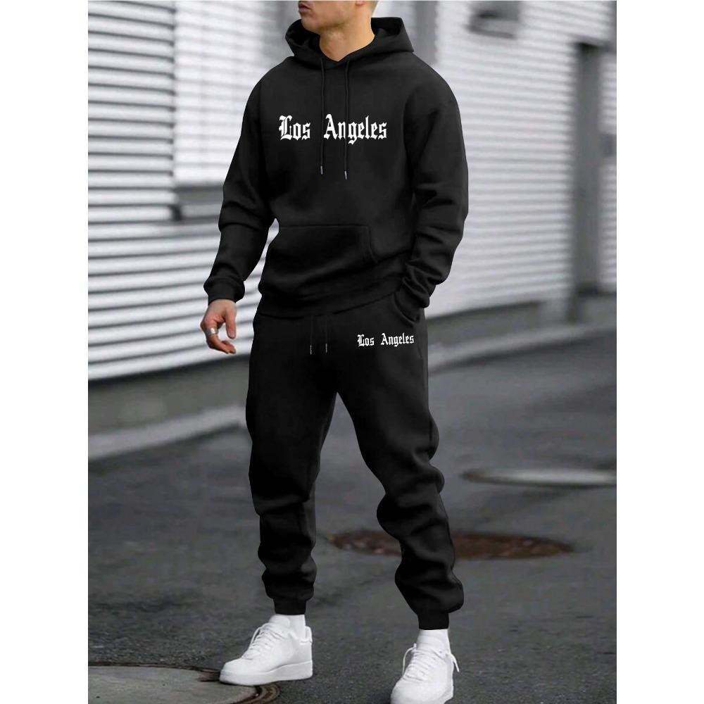 Casual Men's Letter Printed Fashionable Sportswear and Pants Set, Suitable for Autumn and Winter Outdoor Activities and Daily Wear