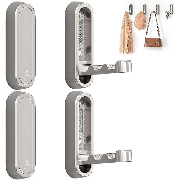 2Pcs Foldable Wall Hooks, Zinc Alloy Folding Hook Silver, Heavy Duty Folding Coat Hooks Wall Mounted for Hanging Coat Towels Bags Keys (Silver, 2