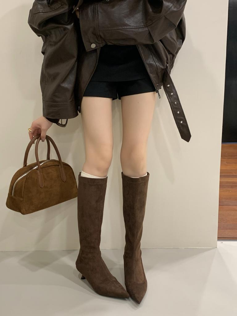 2025 New Fashion Versatile European and American Style Suede Pointed Head Thin Heel Low Heel Boots Thin High Boots Women