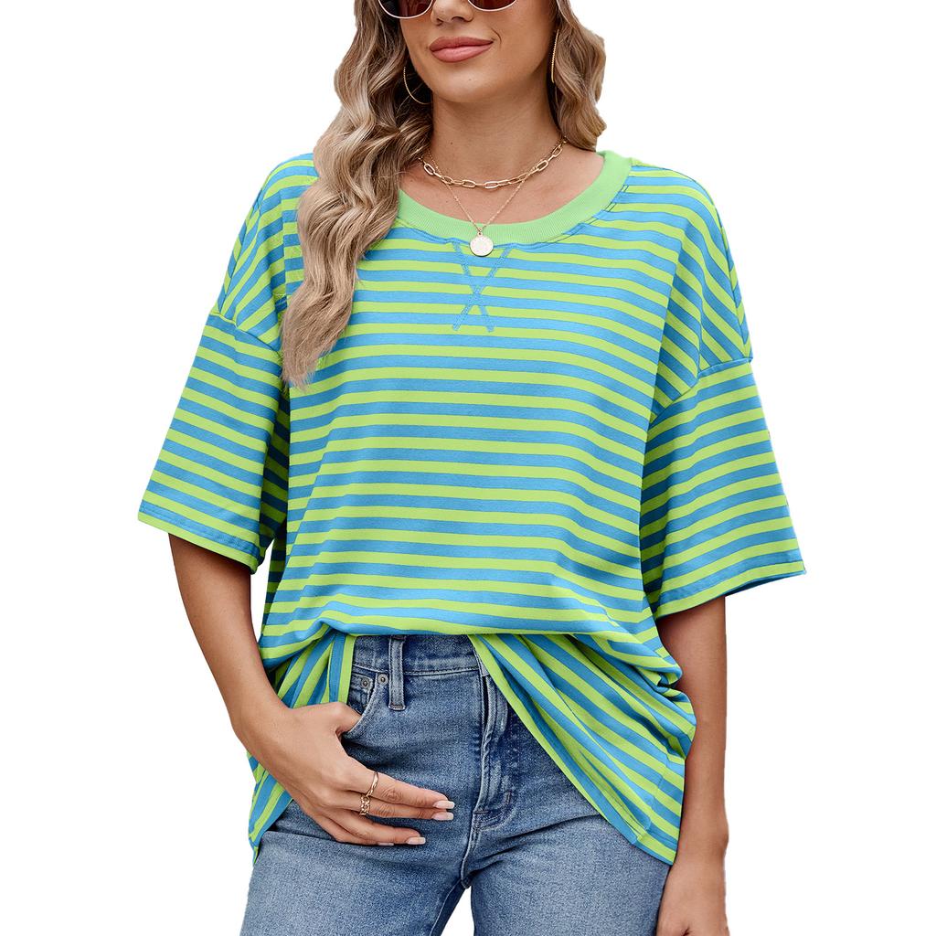 Frühling und Sommer Neues Damen Gestreiftes Kontrast-Lose Kurzarm-T-Shirt