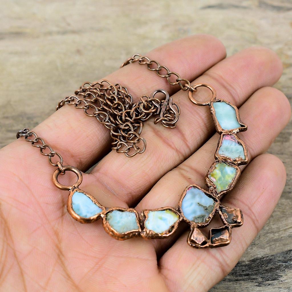 Larimar Rough Necklace Electroformed Copper Necklace Adjustable Chain Necklace Handmade Electroformed Jewelry High Quality Gemstone Necklace