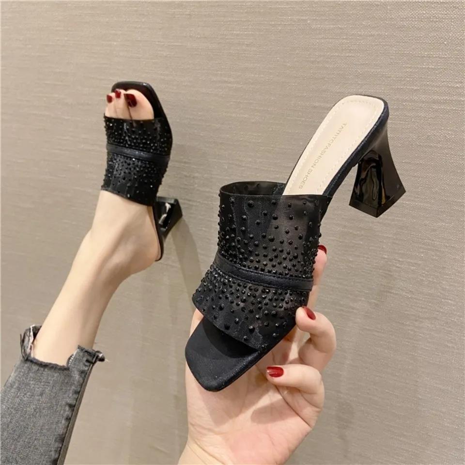 Fashion Slides Rhenstone Shoes Gold Open Toe Women's Slippers and Ladies Sandals Heeled Sexy Elegant Fashionable H Sandal Top Designs 39