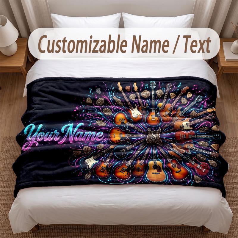 Music Guitar Theme Soft Blanket Personalized Custom Name Text Print Warm Blanket Home Sofa Bedroom Decor