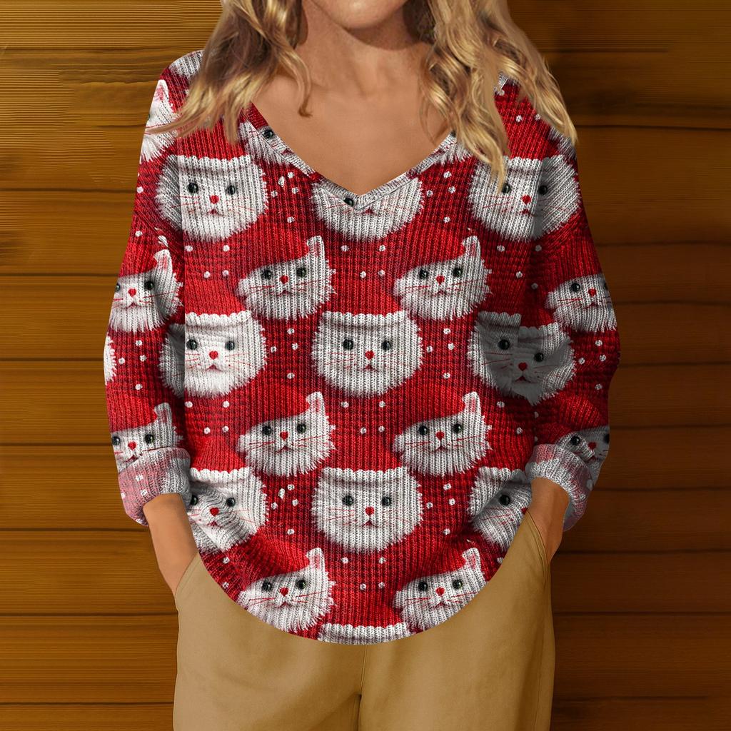 Damenmode Lässig Langarm Weihnachts Schneemann Druck V-Ausschnitt Oberteil