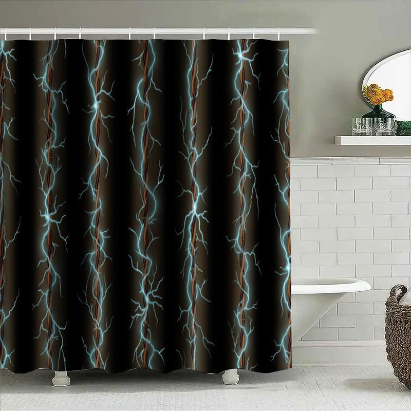 Modern Electric Lightning Shower Curtain Waterproof Fabric Decorative Bath Curtains Black Background With White Stripes In Vario