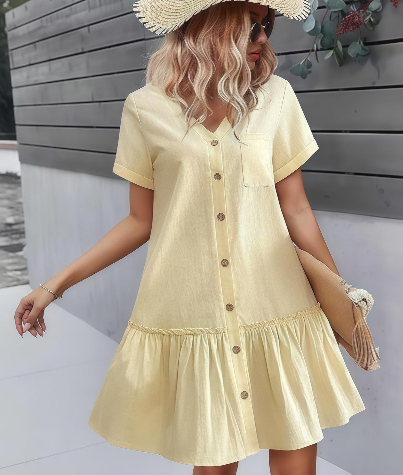 

Женское летнее свободное хлопковое льняное платье с оборками и коротким рукавом, повседневное платье-рубашка с кардиганом M