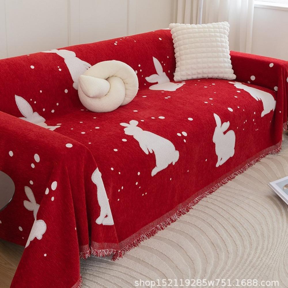 Red Festive Simple Chenille Sofa Cover Cartoon Cute Rabbit Non-slip Universal Full Cover Sofa Cover