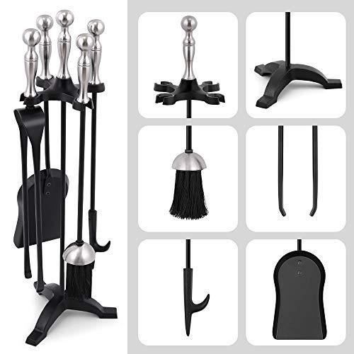 Outils de cheminée - Amagabeli - 5 pièces - Poignées en argent - Fer forgé - Noir