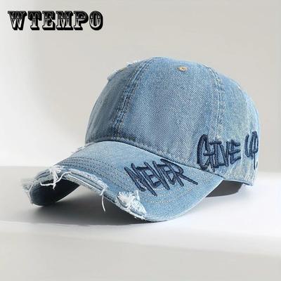 Vintage Washed Denim Baseball Cap for Women, Embroidered Lettering Distressed Frayed Edge, Wide Brim Sun Protection, Unisex Adjustable Fit