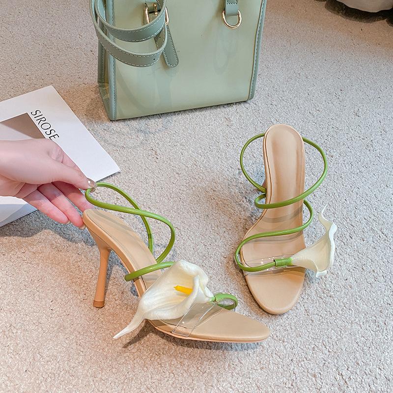 Luxury Flower Calla Lily Summer Vacation Stiletto Thin Heel High Heels Sandals Shoes for Women