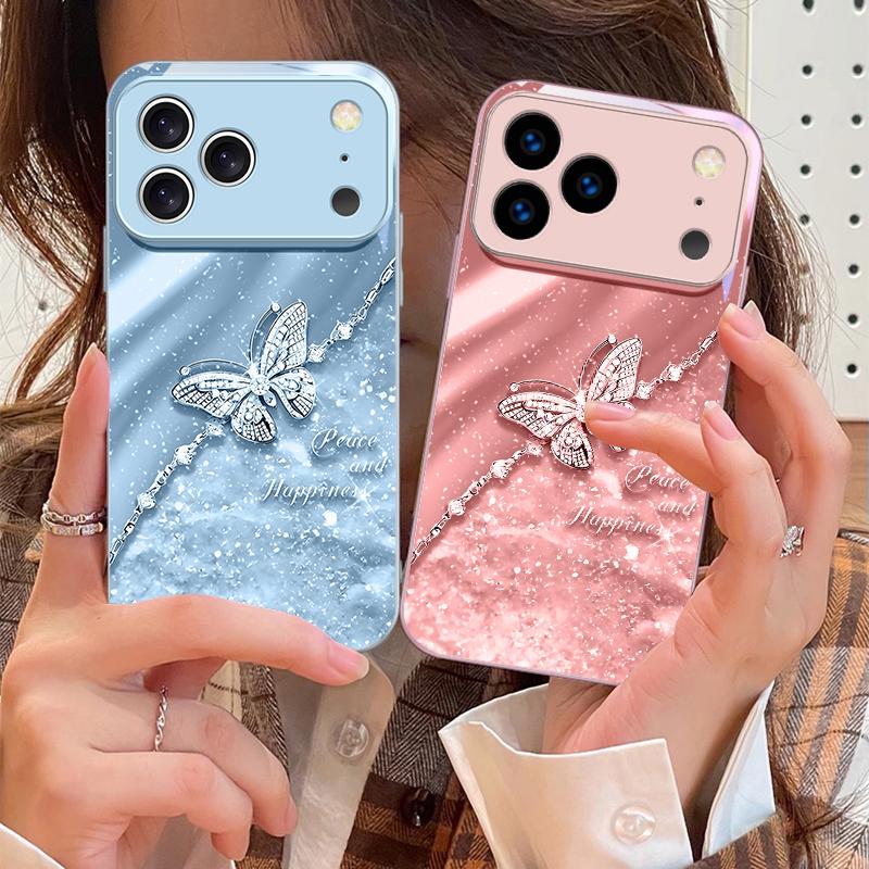 Elegantní modrý motýl Pro iPhone 17 Air 16 E 15 14 13 Plus 12 mini 11 17 Pro Max XR Xs Max 16E 7 8 Tvrzené sklo Kryt na telefon