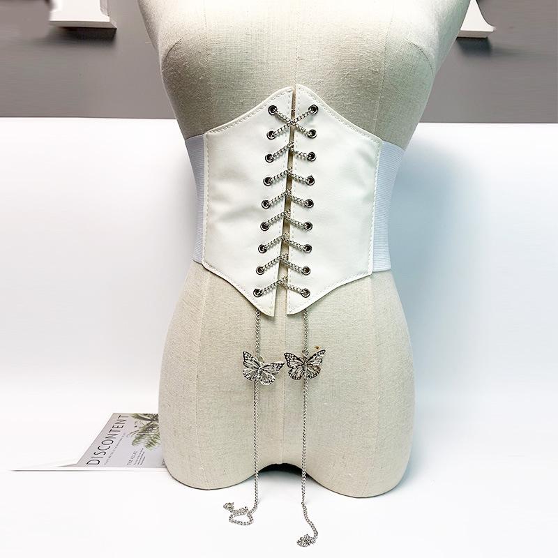 New Women's Extra Wide Corset-Style Embroidered Waist Belt with Bow Tie Chain