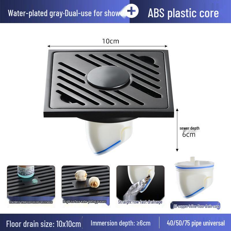 Gunmetal Gray 304 Stainless Steel Odor-Resistant Floor Drain with Copper Core for Shower & Washing Machine.