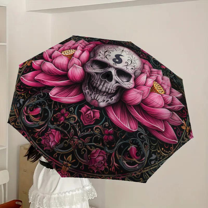 1pc Lotus Skull Mandala Design Umbrella with Plastic Handle,Suitable for All Seasons Home Travel Outdoor UmbrellaDD584