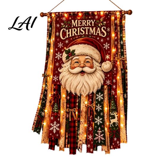 Santa Claus Elk Snowman Gingerbread Man Banner Christmas Hanging Cloth Decoration with LED Light for Home Door Wall And Window Holiday Indoor Outdoor