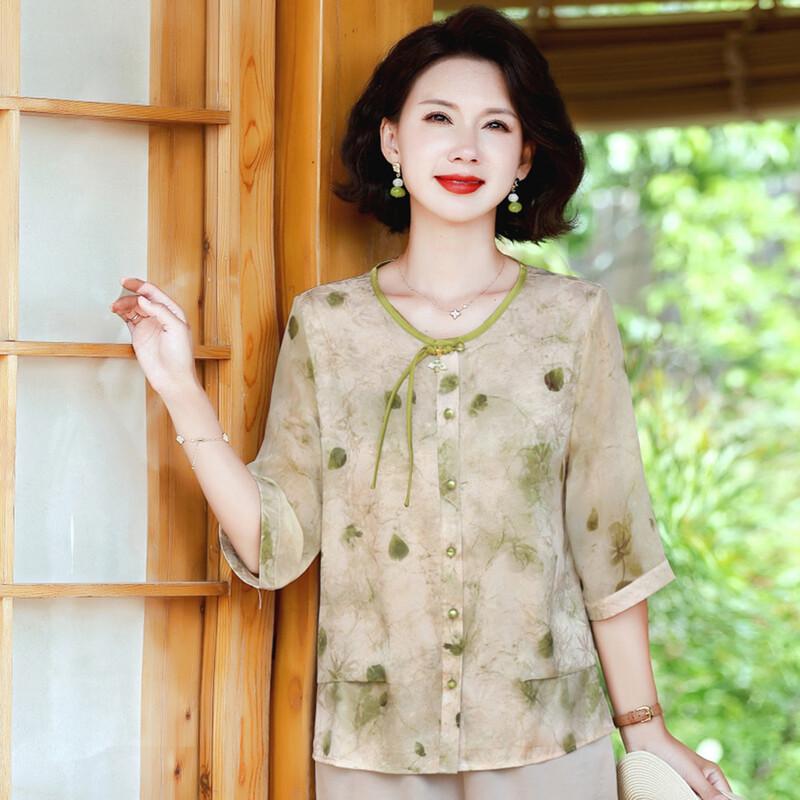 Pasite Chinese Style Printed Chiffon T-Shirt for Women L светло-зеленый