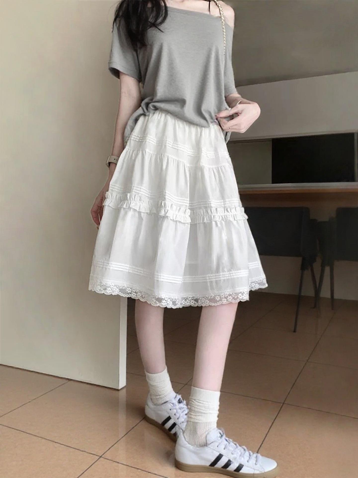 Petite Lace Trim High-Waisted A-Line Midi Skirt for Women - Slimming White, Spring/Summer 2026 Edition Large белый