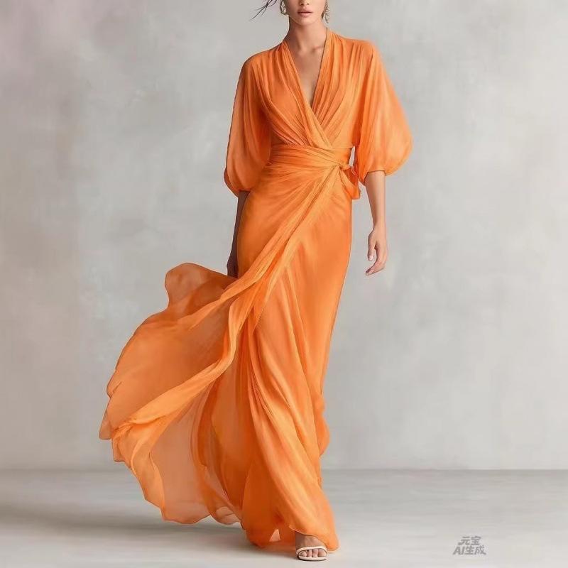2026 European and American Socialites Deep V-neck Shoulder Lantern Sleeves Waist Long Dress Romantic Autumn Banquet
