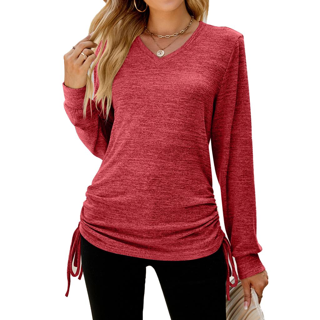 2024 European And American Autumn And Winter New Solid Color Long Sleeved V-Neck Pleated Loose T-Shirt Top For Women