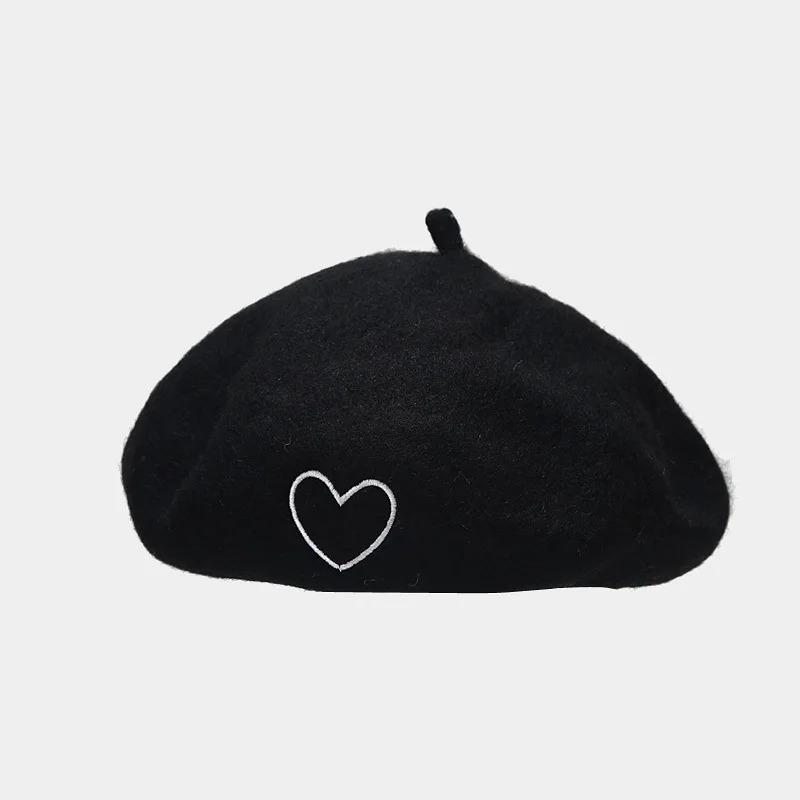 French Berets Woman Love Embroidered Wool Beret Cap Autumn Winter Hats For Girls Beanie Woolen Vintage Cap Black Painter Hat Female Felt Hat Berets