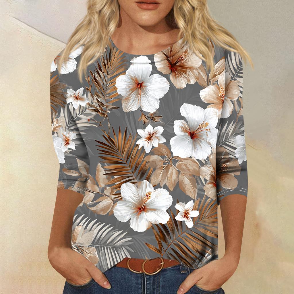 Women's Fashionable Casual Round Neck Three-quarter Sleeve Hawaiian Print T-shirt Top