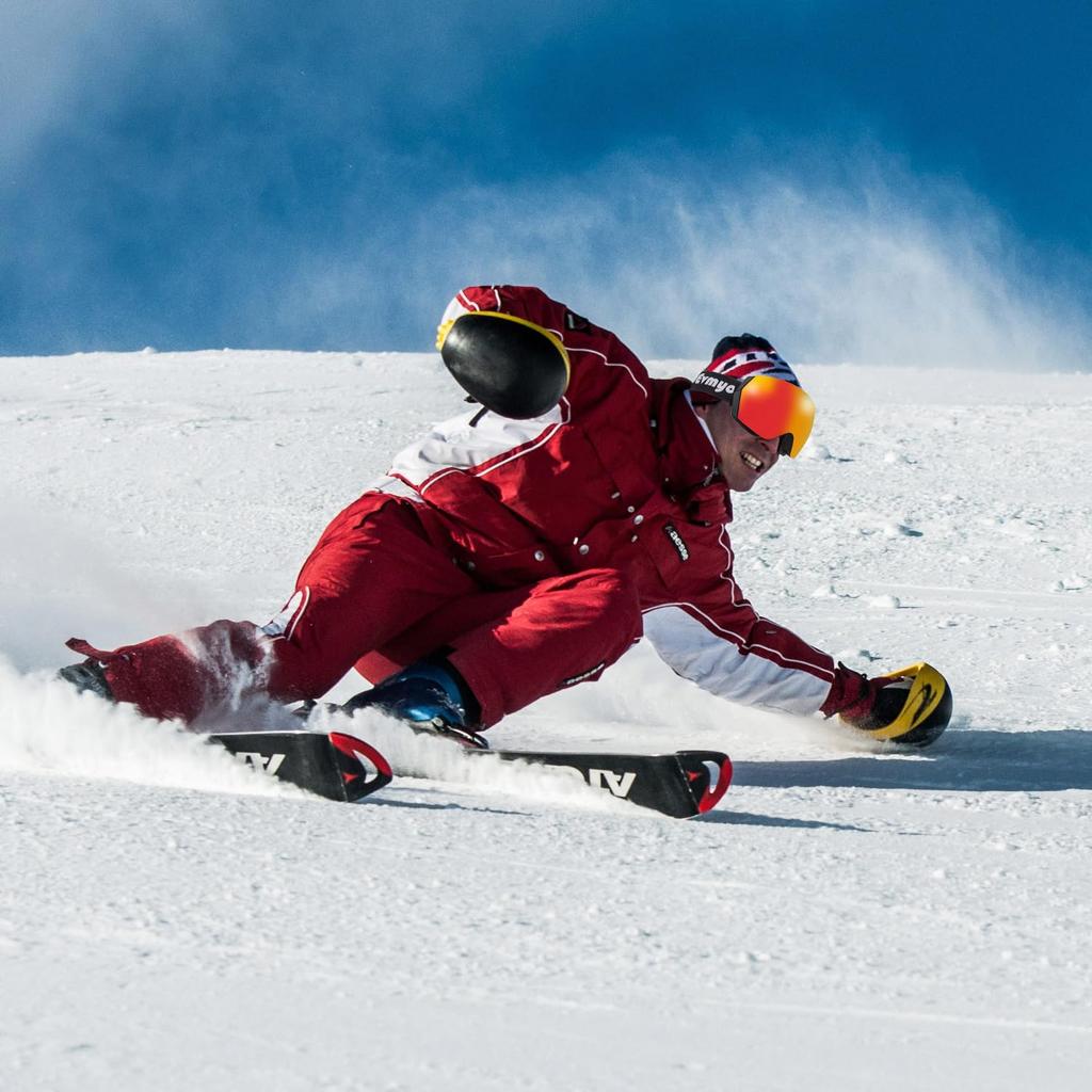 Evmyo Skibrille mit sphärischem Weitfeld, kompatibel mit Brillen und UV400, für Berg-, Motorrad- und REVO Orange, in Japan hergestellt