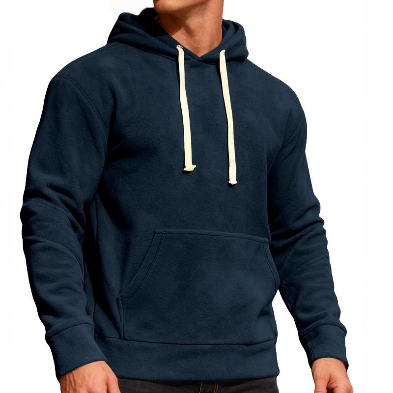 Men's Solid Color Loose Fit Polar Fleece Hooded Sweatshirt, Casual Sports Commute Pullover Hoodie with Pockets for Autumn Winter