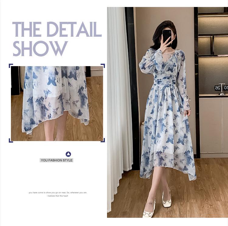 French Tea Break Blue Dress: Waist-Slimming Korean Style with Ruffle Sleeves, Perfect for Vacations