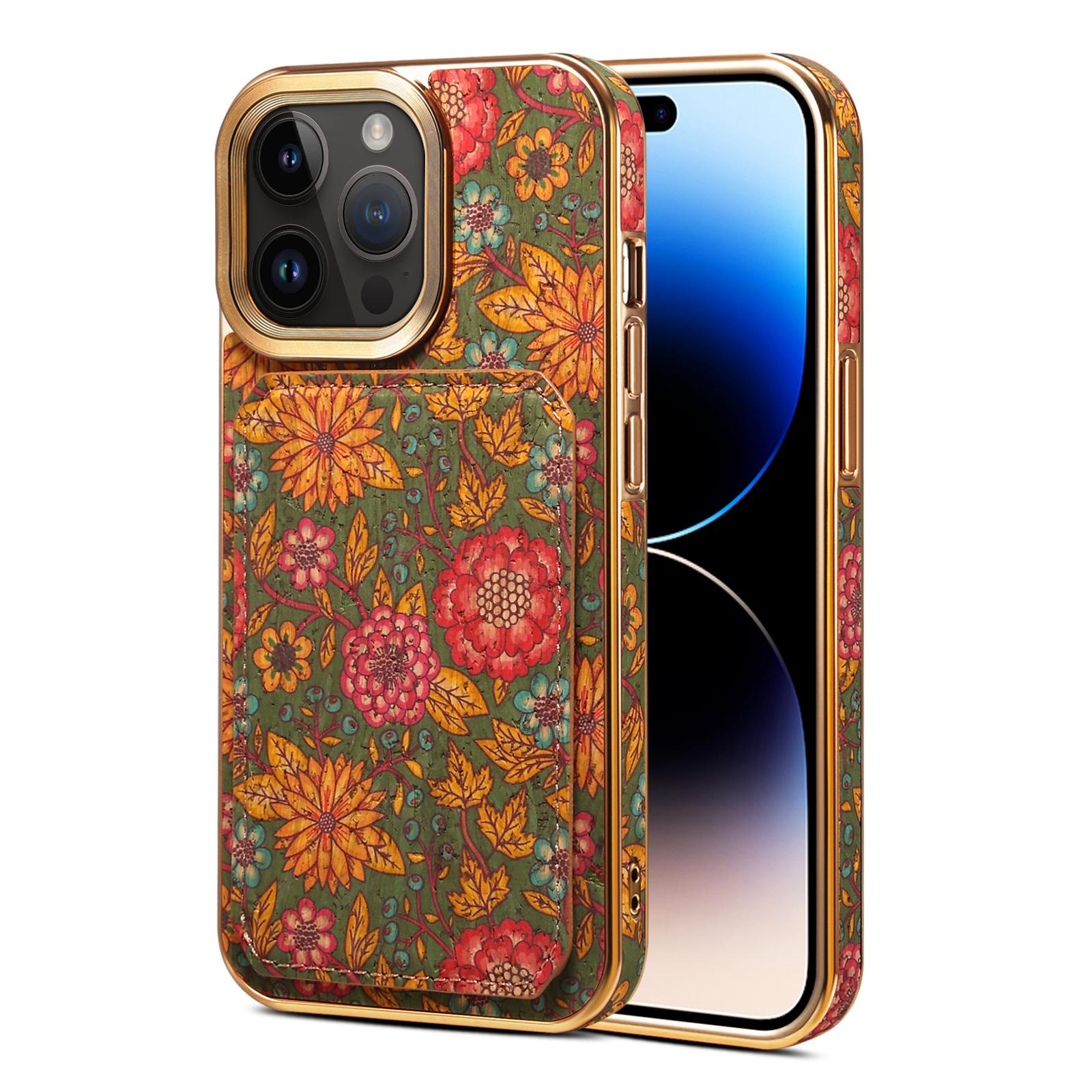 

For iPhone 15 Pro Max Card Slots Kickstand Phone Case PU Leather Coated PC+TPU Flower Pattern Printed Cover Green