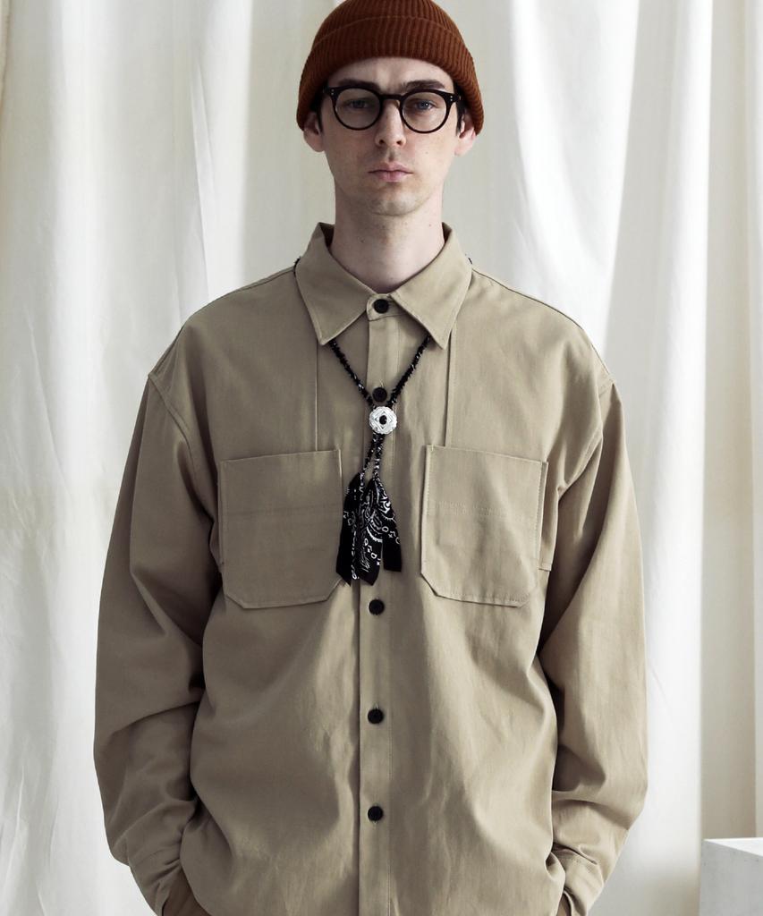 STAGE NAME Cotton Double Shoulder Work Oversized Shirt_Beige