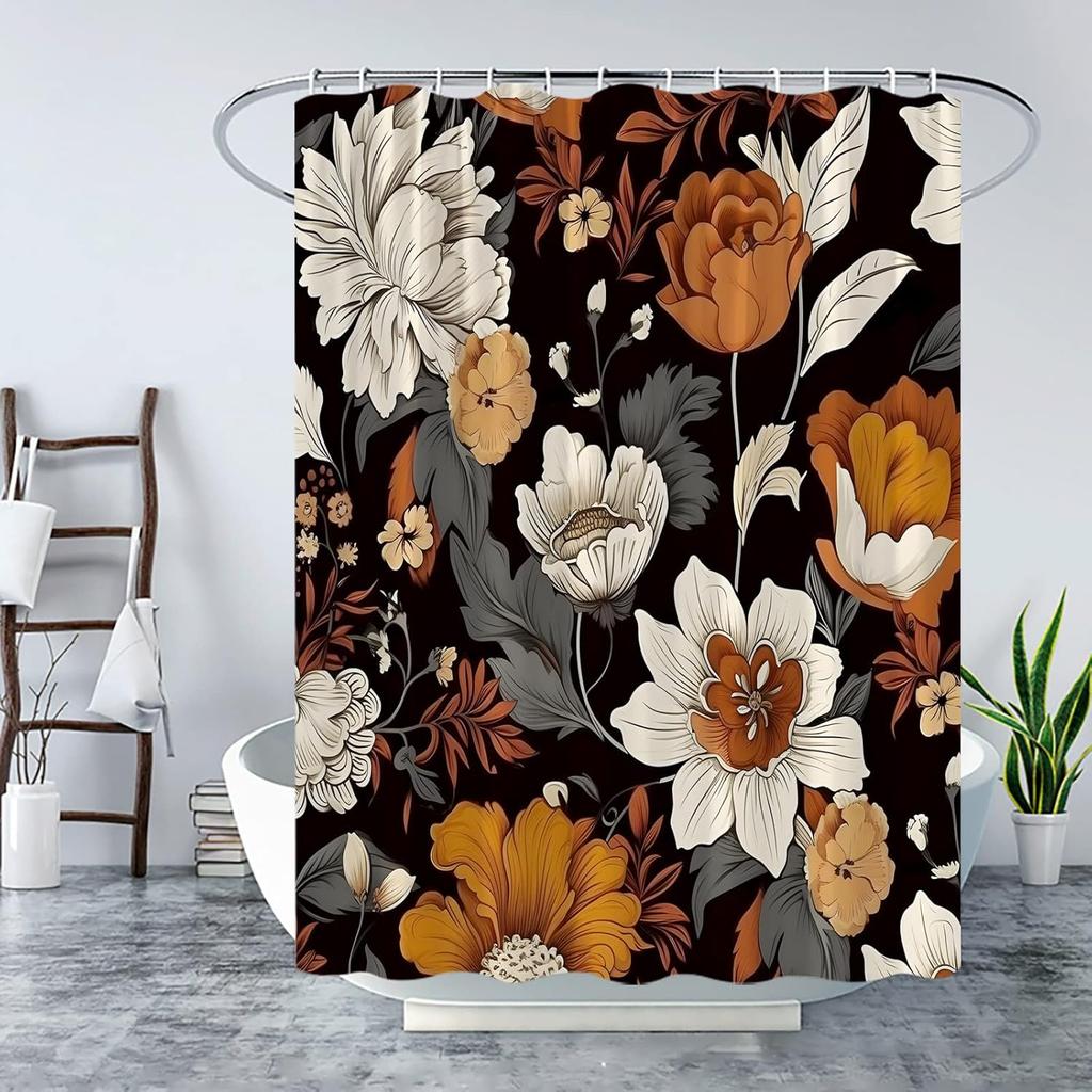 Black Boho Floral Shower Curtain Vintage Colorful Abstract Botanical Mid Century Modern Aesthetic Retro Fabric Bathroom Curtain with Hook