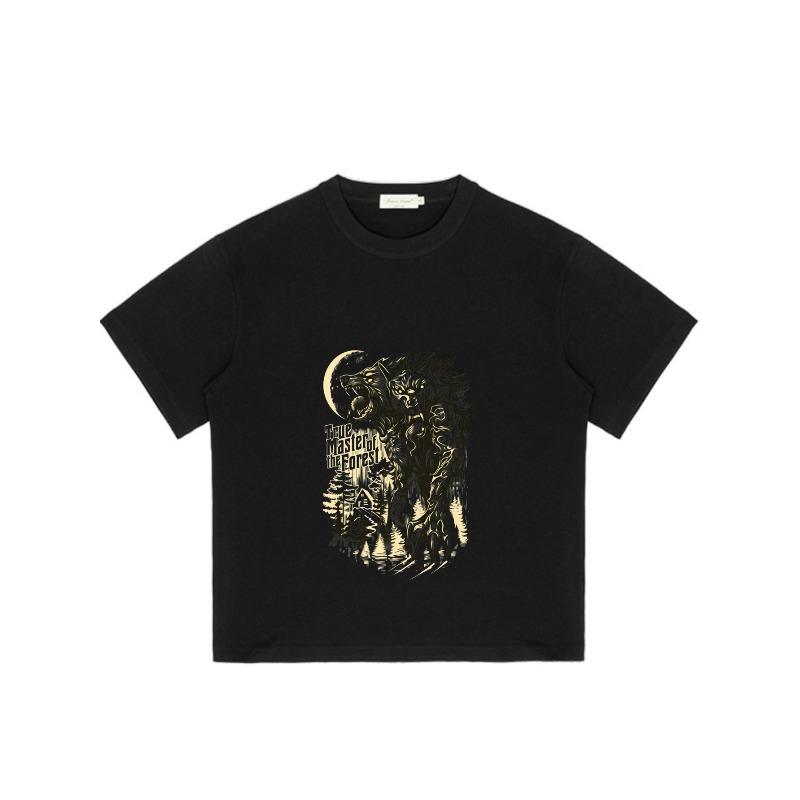 Black T-Shirt With Wolf And Moon Print And The West Is Wild Text For Casual Wear