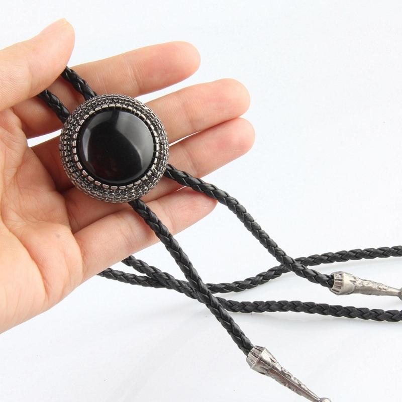 Handmade Vintage Bolo Tie for Women Mens Western Cowboy Leather Rope Necktie with Round Stone Pendant Jewelry Necklace