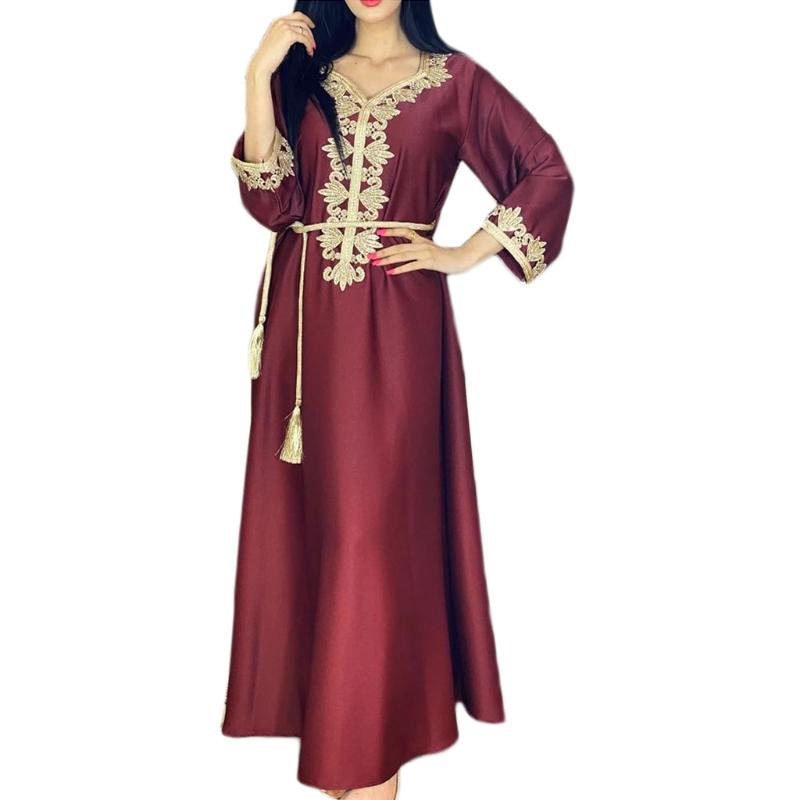 Ramadan Muslim Gold Embroidery Dresses Abayas Dubai Casual Kaftan Robe Ethnic Costumes with Long Sleeve for Womens