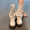 Fashion Platform Leather Round Toe Women's Half High Boots Spring Autumn Trend 2025 Designer Luxury Ladies Mid Calf Shoes On Promotion