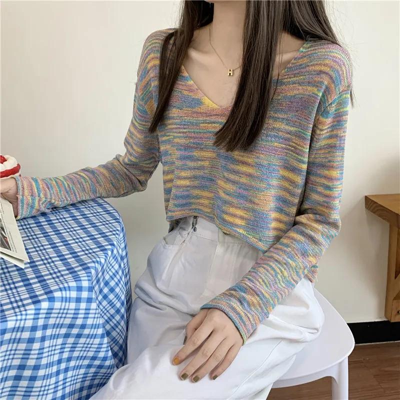 Sweater Rainbow Dye Striped Cropped Short Sweater Long Sleeve Knit V-Neck Loose Top Pullover Knit