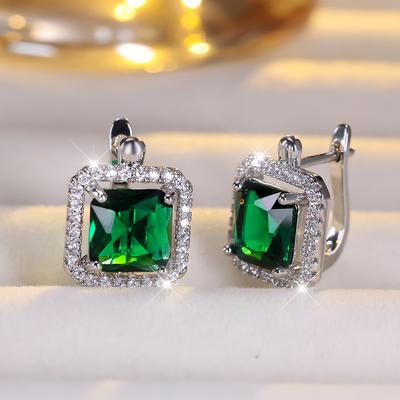 Boucles d'oreilles de luxe en Zircon vert pour femmes, coupe carrée, goutte d'eau, breloque couleur argent, bijoux cadeau de mariage