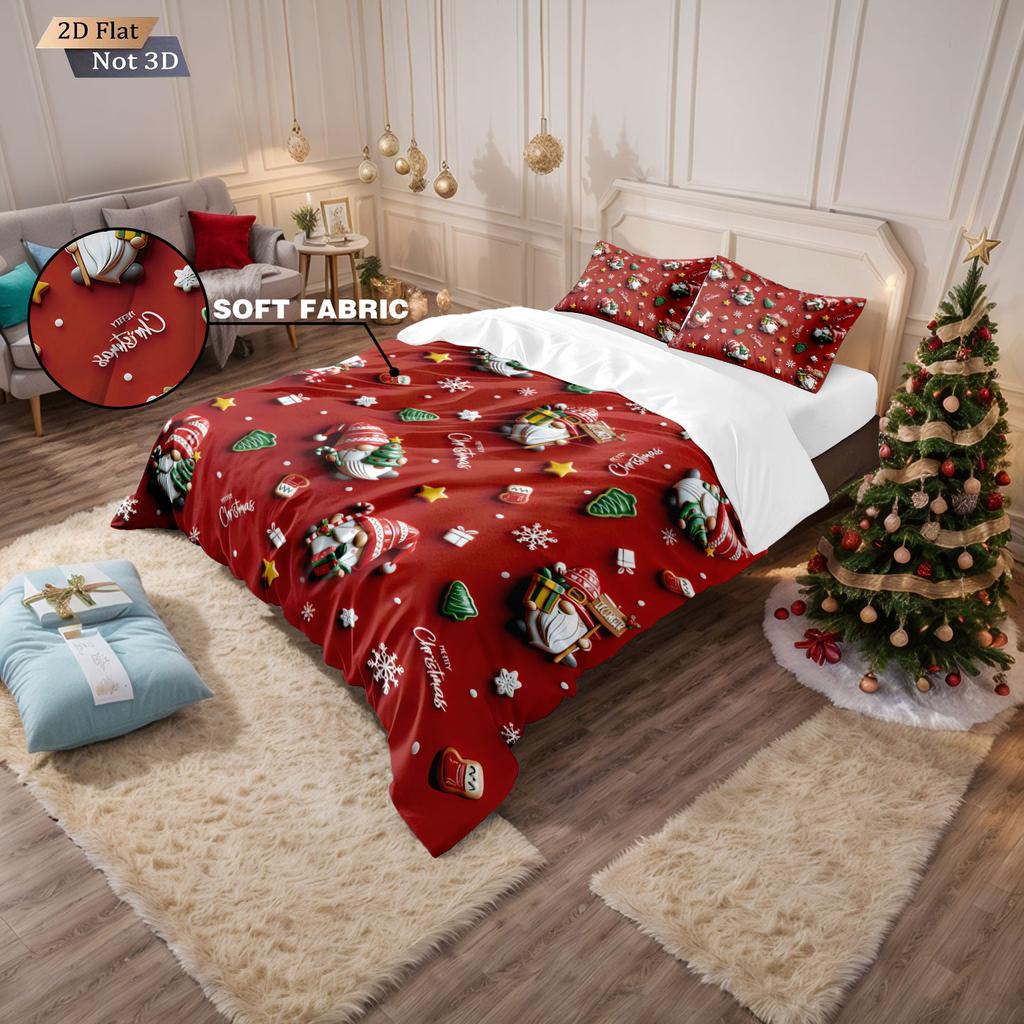 3-teiliges rotes Weihnachtswichtel-Print kernloses Bettbezug-Set in mehreren Größen Schlafzimmer Wohnheim Bettwäsche Dekoration weich maschinenwaschbar
