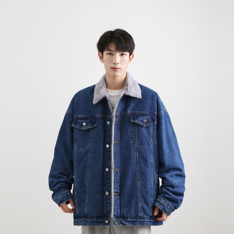 2025 Men's Autumn/Winter Denim Jacket with Faux Rabbit Fur Collar, Cotton Texture, Fleece-Lined, Washed Finish.