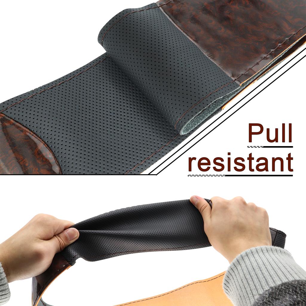 Wood Grain Car Steering Wheel Braid Cover Universal 38cm Wooden Pattern Leather Needles Thread Sewing DIY Soft Auto Accessories