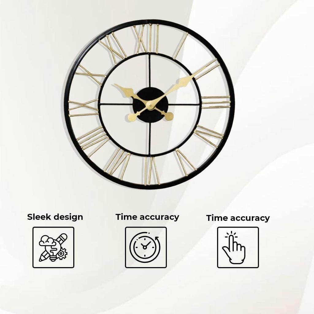 Eisenstange Offenes Zifferblatt Römische Ziffern Transparente Wanduhr Analoguhr für Wohnzimmer Schlafzimmer Büro (18 Zoll, Schwarz)