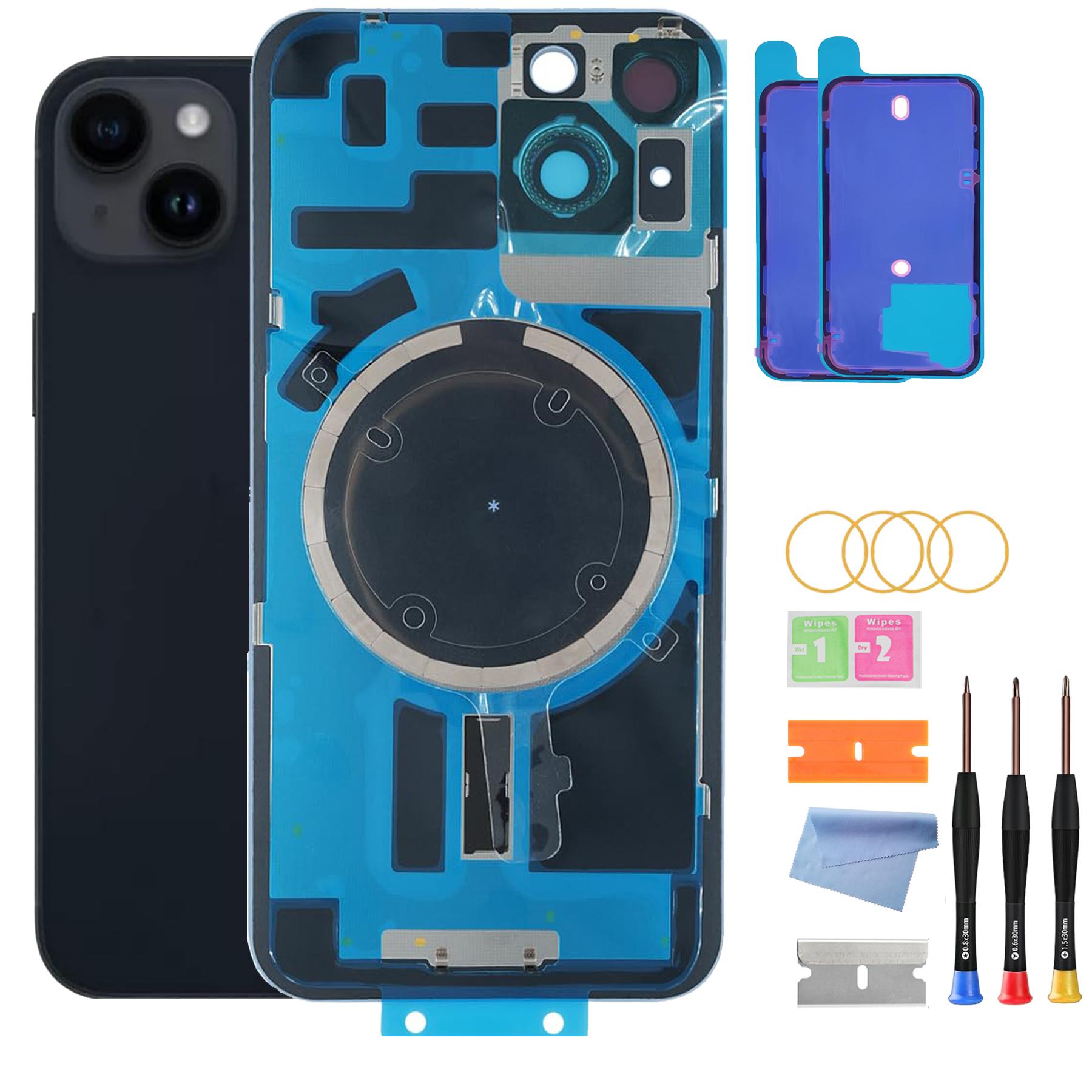 Back Housing for iPhone 14 Plus (6.7-inch) with Glass Rear Cover, Middle Frame, SIM Tray and Repair Tools 14 Plus-BG-Black