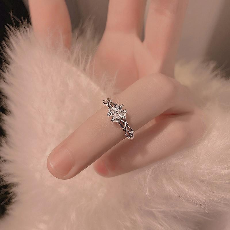 Sterling Adjustable Clover Ring Women With Cubic Zirconia Floral Design Lightweight Elegant Finger