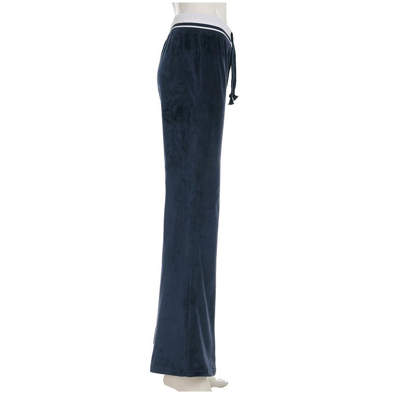 Blue Velvet Casual Pants Streetwear Stitching Straight Trousers Vintage Drawstring Low Rise Loose Women's Pants Basic 2025 Spring Autumn